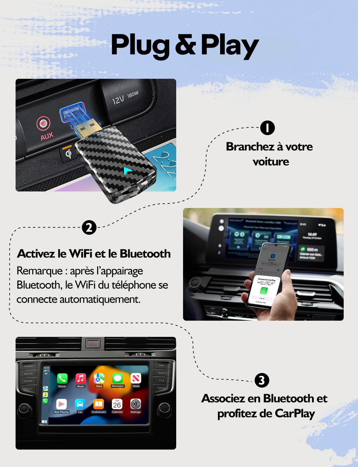 Adaptateur CarPlay sans Fil - Design Élégant Version 2025 la Plus Récentes, Mini et Stable, Plug & Play, Compatible iPhone iOS 10+ et Voitures 2016 avec CarPlay Câblé