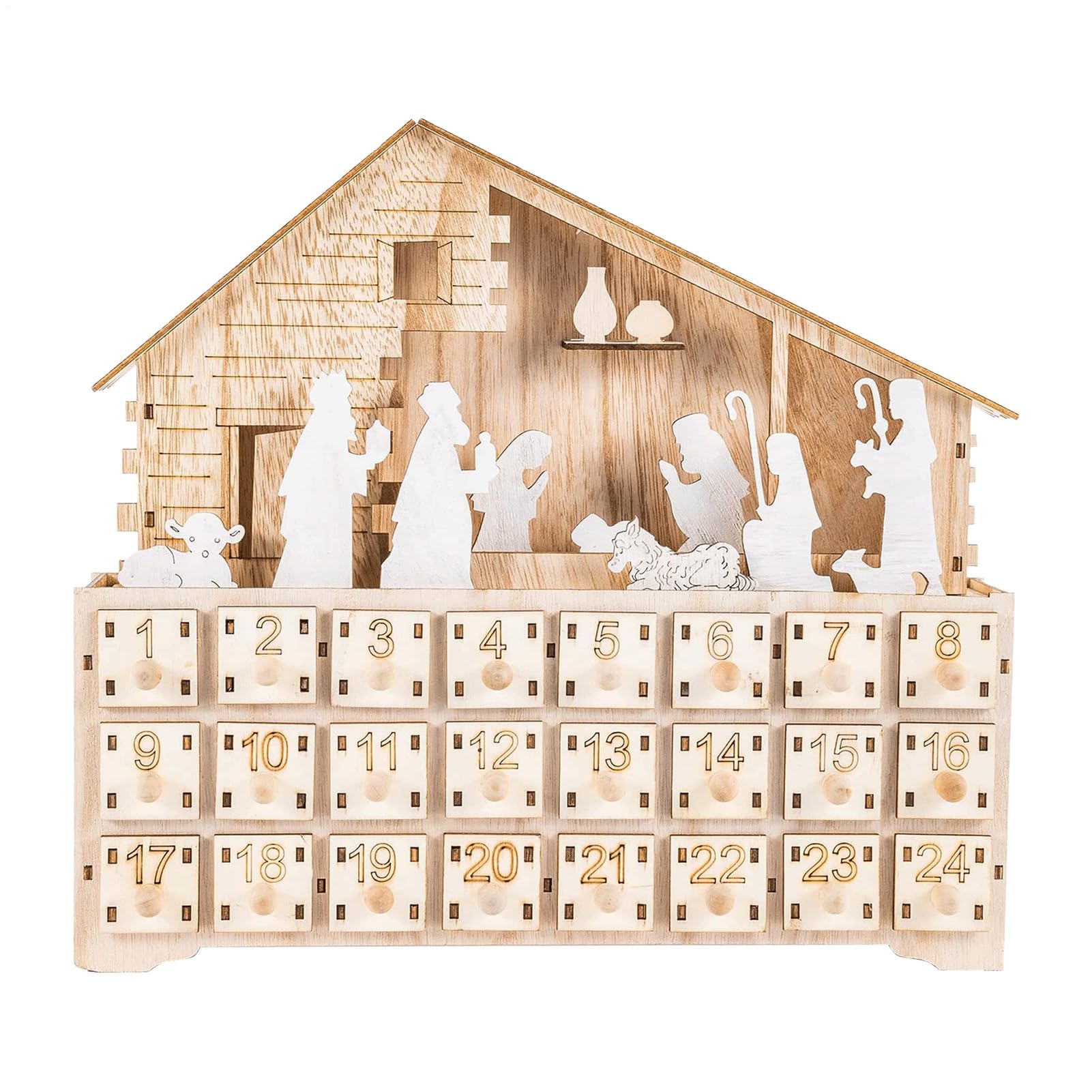 Haus Weihnachtskrippe, Advent, Weihnachtsdekoration, handgefertigt, aus christlichem Holz | Countdown LED-beleuchtete Schublade für den Innenbereich, für Feiertage für Kinder, Erwachsene, Weihnachtsdekoration, Krippe