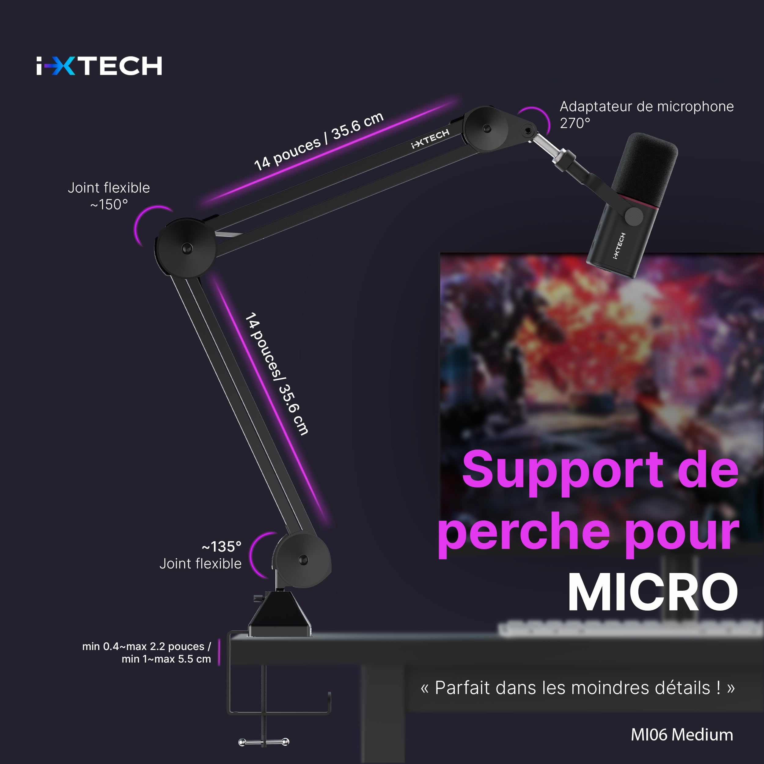 IXTECH Microphone Boom Arm stand, Support pour micro ajustable avec attaches, montant de bureau pour streaming, podcast et jeu (MÉDIAUX)