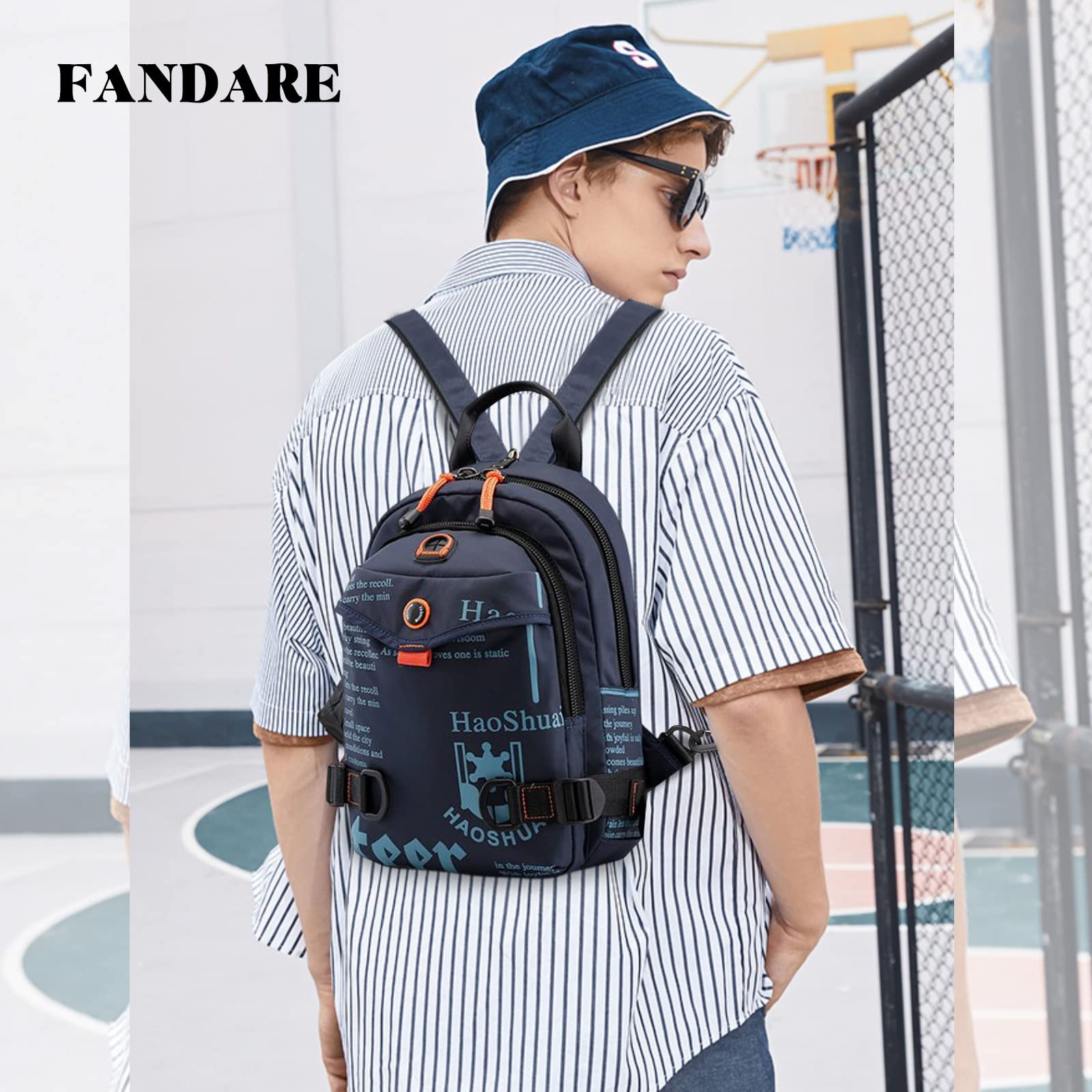 FANDARE Sac Poitrine Porté Travers Femme Homme - Sac D'école, D'épaule, De Randonnée, Bandoulière - Sacoche Voyage Avec Trou D'écouteur & Bandoulière Détachable - Bleu