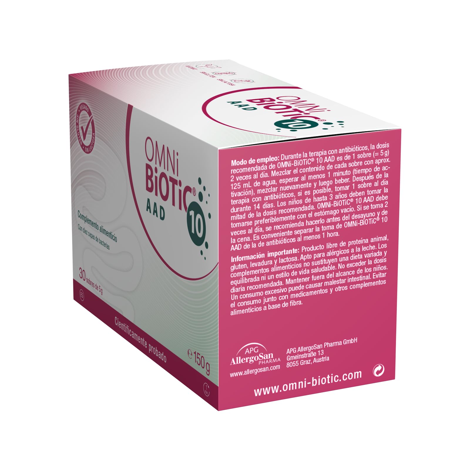 OMNi BiOTiC 10 AAD | 30 sobres (150 g) | Probiótico | 10 cepas bacterianas | 10 mil millones de bacterias por dosis diaria | Polvo | Con inulina | Vegano | Sin gluten | Sin lactosa | Para uso diario