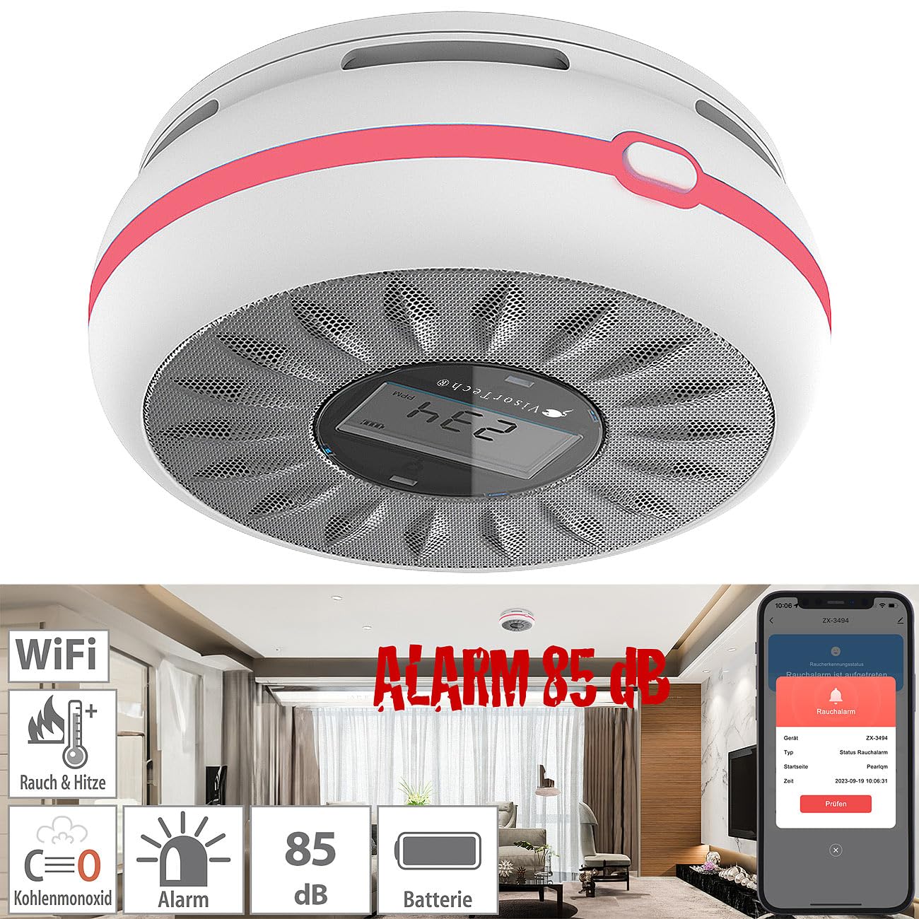 VisorTech Rilevatore Fumo e Monossido di Carbonio WiFi 2 in 1, batteria 10 anni, 85 dB, App