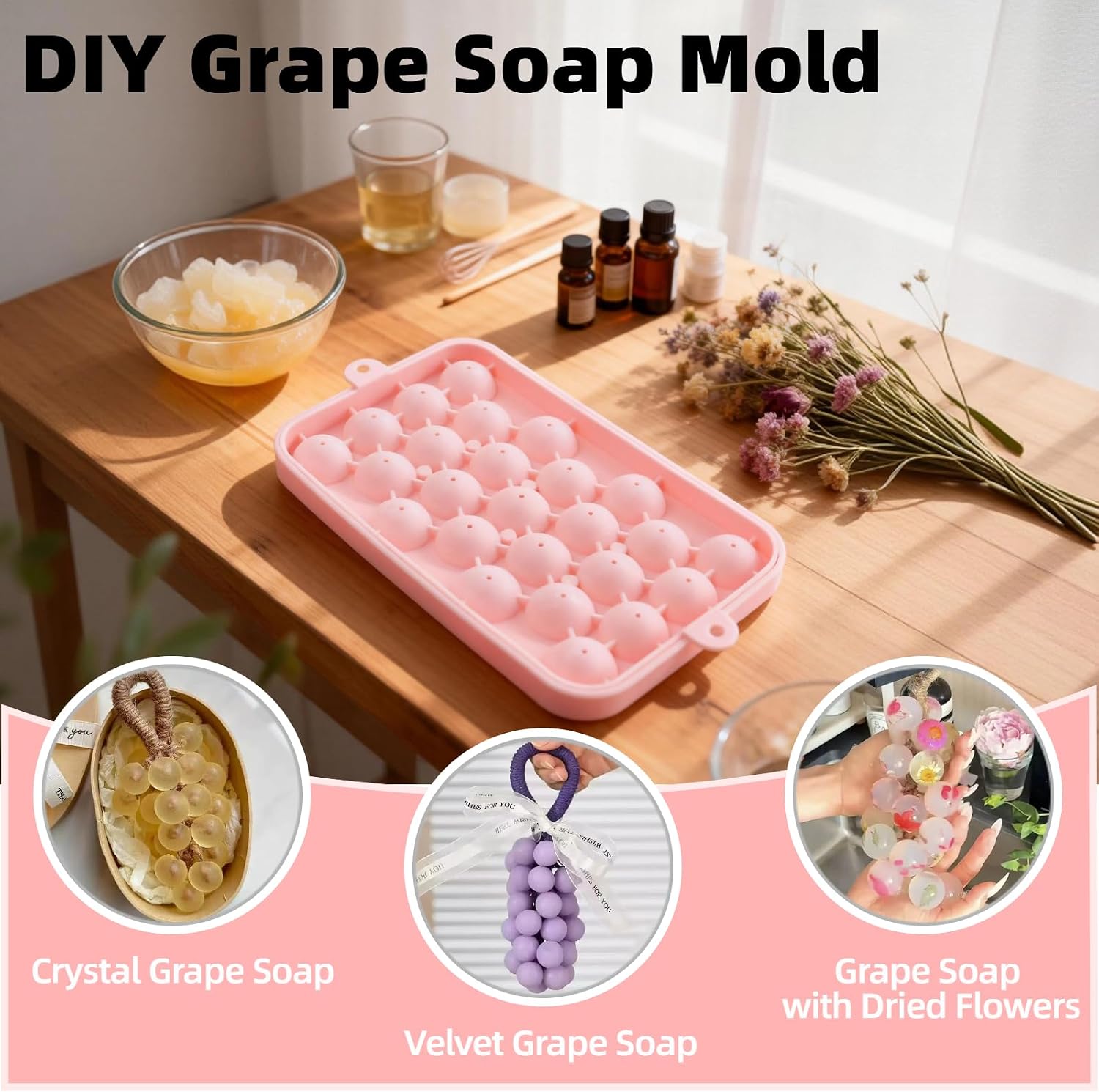 2-Pack Silicone Grape Soap Mold, DIY Soap Making Kit with Complete Toolkit Dried Flowers Instruction Guide, Round Easy-Release Silicone Mold for Grape Soaps, Gift, Home Decor (Without Soaps)