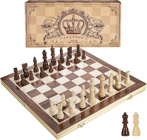 AMEROUS 15 Inches Magnetic Wooden Chess Set - 2 Extra Queens - Folding Board - Pieces Storage Slots, Handmade Portable Travel Chess Game - Beginner