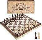 AMEROUS 15 Inches Magnetic Wooden Chess Set - 2 Extra Queens - Folding Board - Pieces Storage Slots, Handmade Portable Travel Chess Game - Beginner Chess Set for Kids, 6 up Age