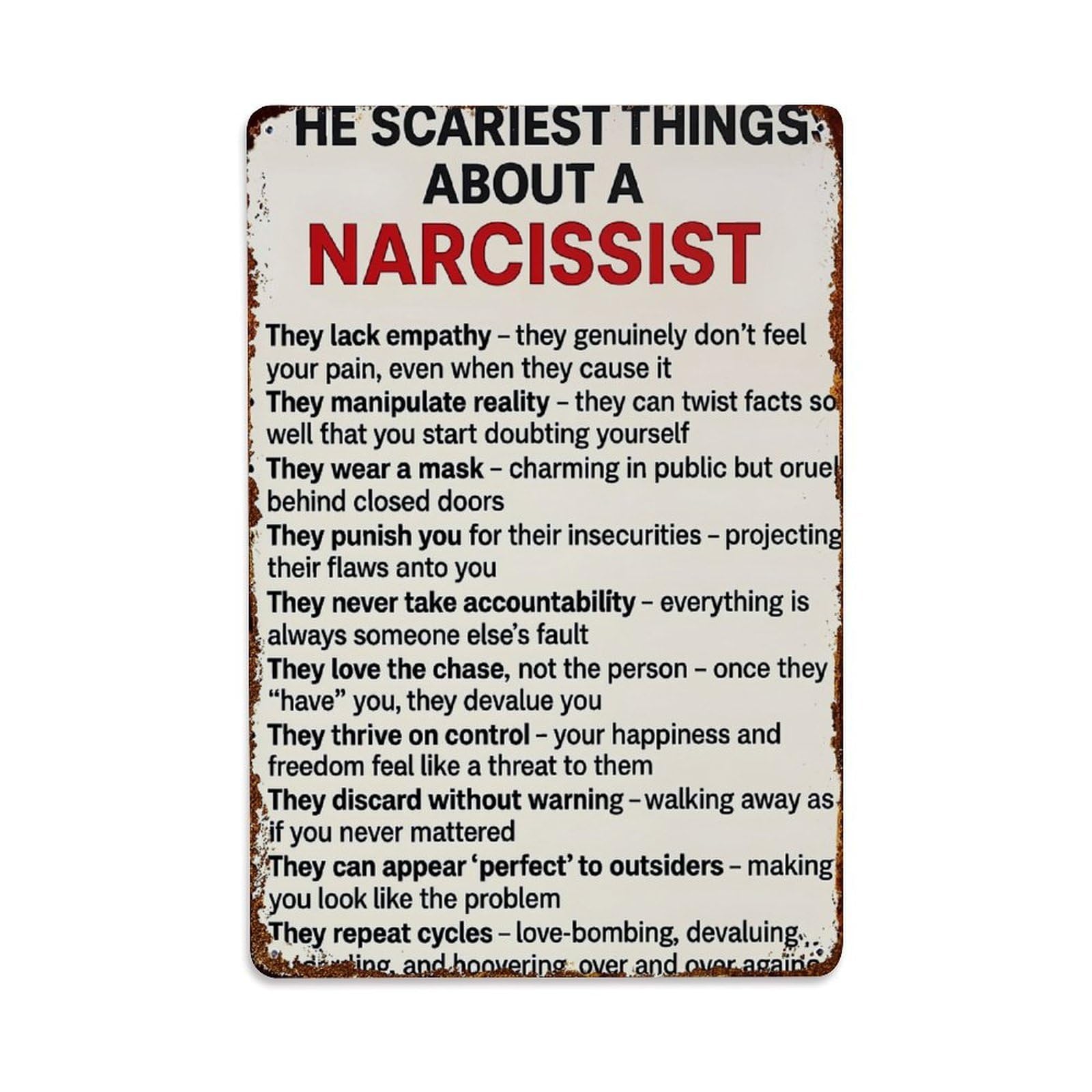 Narcissist Traits Warning Signs List Vintage Tin Sign Retro Metal Wall Decor Metal Poster, Home Bar Garage Farmhouse Cafe Wall Art Decoration 8x12Inches