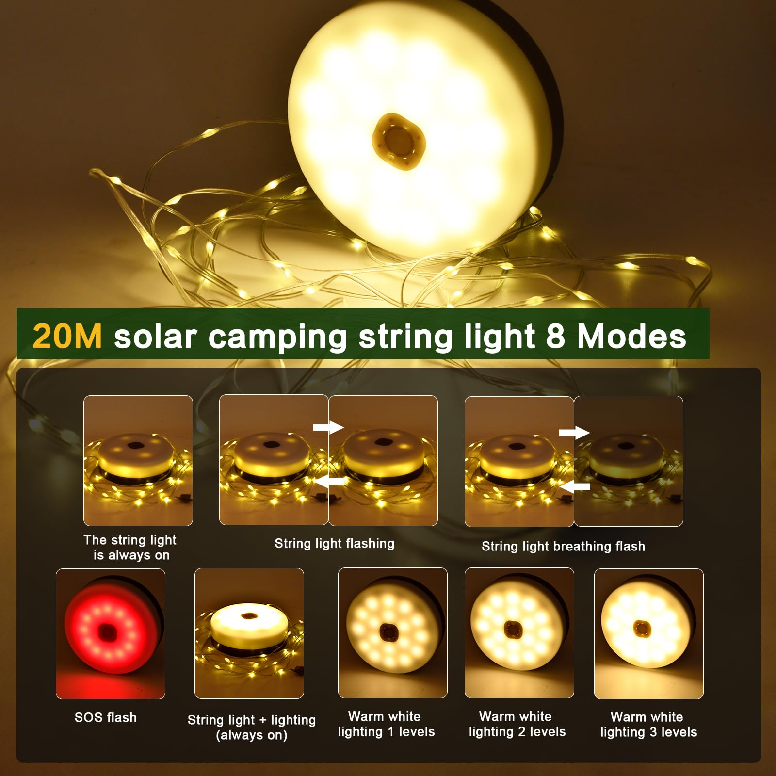 Brillistep Warm White Retractable Outdoor Solar Camping String Lights Reel 20m 200 LED Waterproof IP65, Camping Fairy Lights for Tents - Image 2