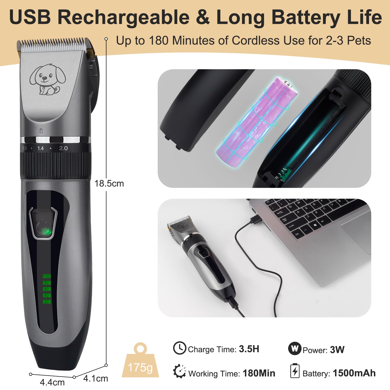Dog Grooming Clippers Kit, Upgraded Cordless Professional Pet Clippers, Low Noise Dog Trimmer with Ceramic Blades - Image 4