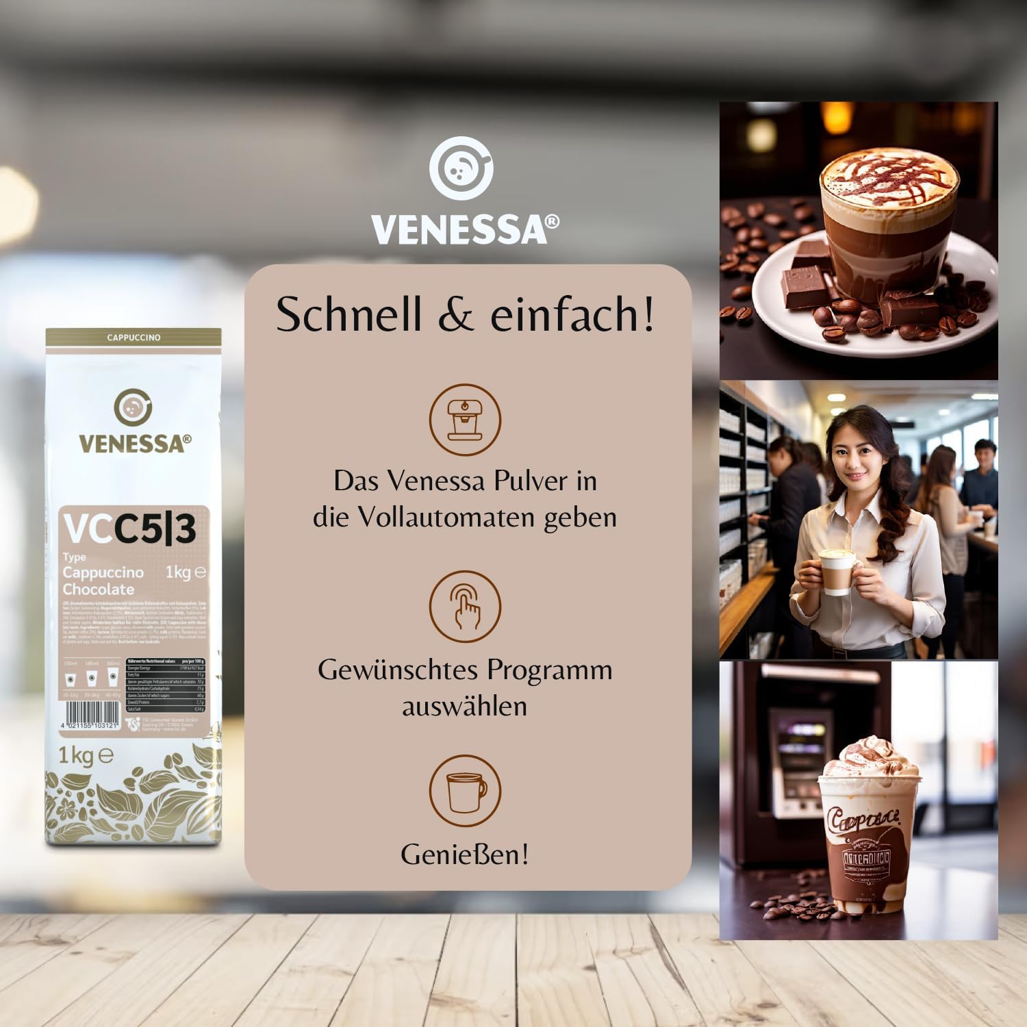 VENESSA Cappuccino Chocolate VC5/3 aromatyzowany napój w proszku z delikatną nutą kakaową, 10 x 1 kg, korzystne opakowanie z rozpuszczalną kawą i kakao w proszku, nadaje się do wszystkich ekspresów do