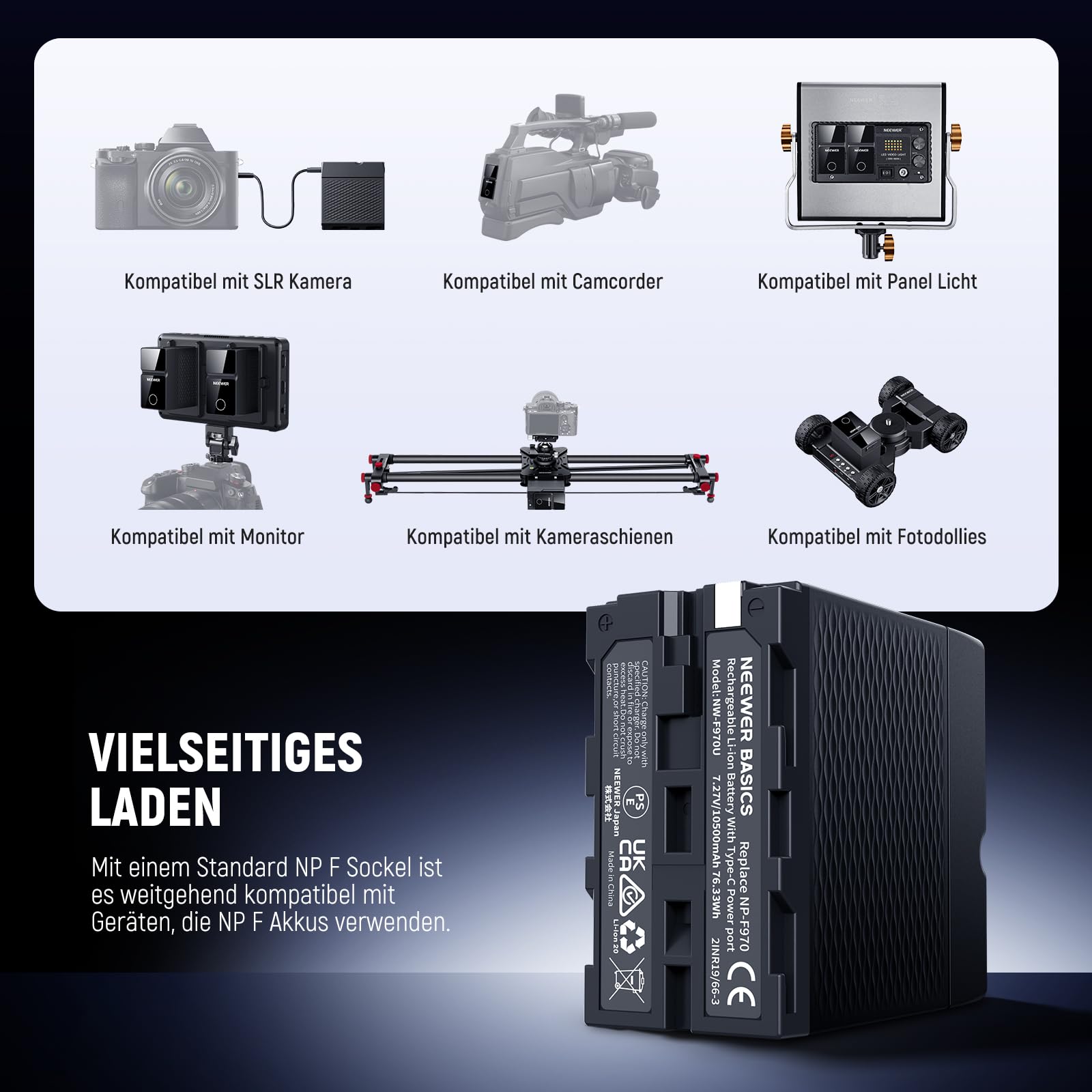 NEEWER 10500mAh NP-F970 Battery Kamera Akku Ersatzakku, PD 45W Schnellladung, OLED/USB A/USB C, für Camera Monitor Kompatibel mit Sony FX3 FX30 A7IV A7SIII Canon R5 R6 Nikon Z8, NW-F970U