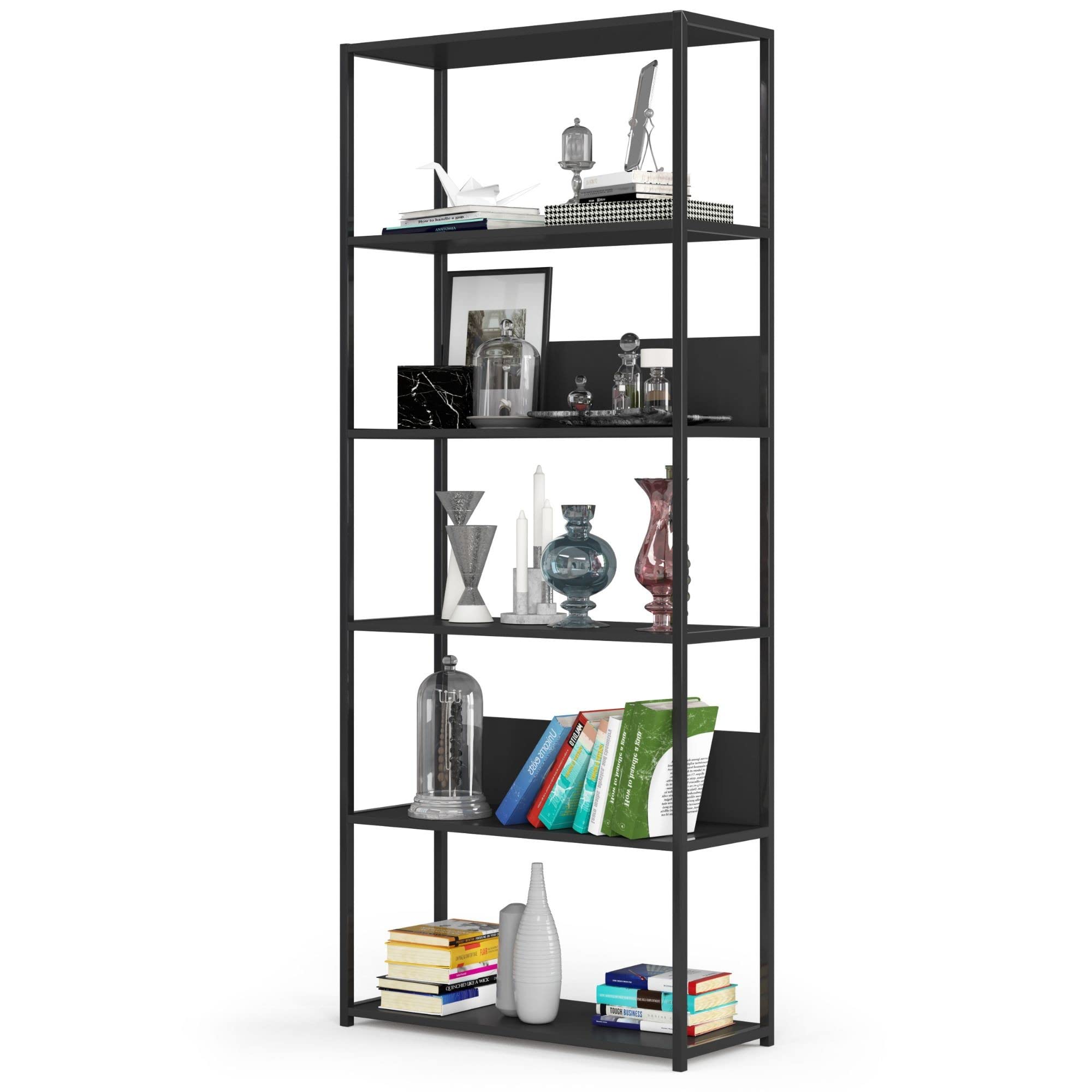 AKORD Libreria Industrial Style a 6 Ripiani 80 cm | Libreria Ferro e Legno | Aperto | Struttura a Scaletta | Scaffali autoportanti per Ufficio, Cucina, Bagni, Soggiorni | Biblioteca Nero