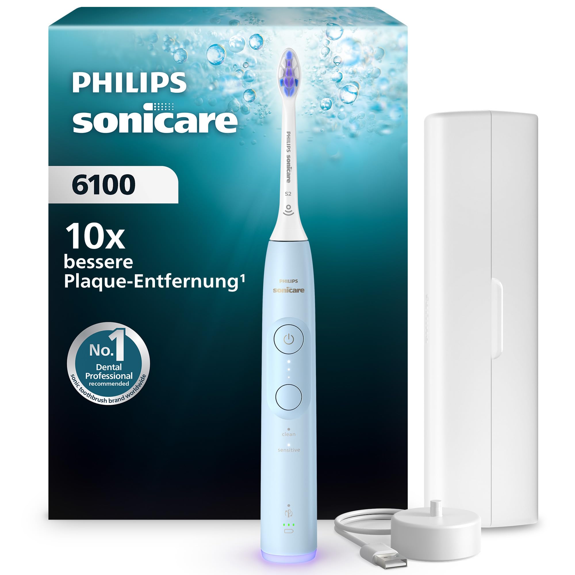 Philips Sonicare 6100 elektrische Zahnbürste, Schallzahnbürste mit 2 Putzmodi, 3 Intensitätsstufen, Andruckkontrolle, EasyStart, SmarTimer, BrushPacer, Hellblau, Modell HX7406/02 [Neue Technologie]