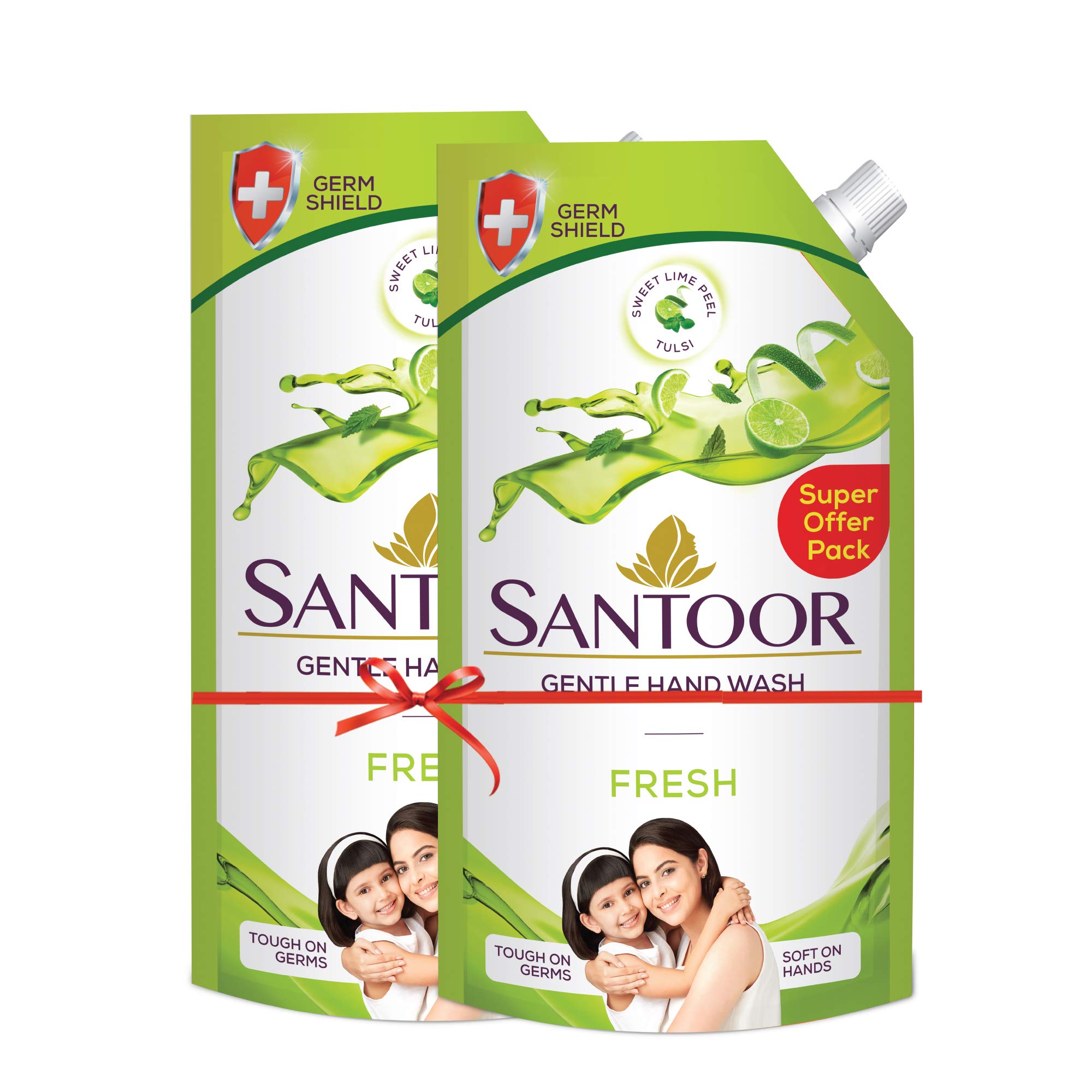 Santoor Fresh Gentle Hand Wash 600ml, Pack of 2 with Natural Goodness of Sweet Lime Peel & Tulsi| Rich Lathering Formula With Anti-Bacterial Properties| Soft on Hands| Soothes & Hydrates Skin