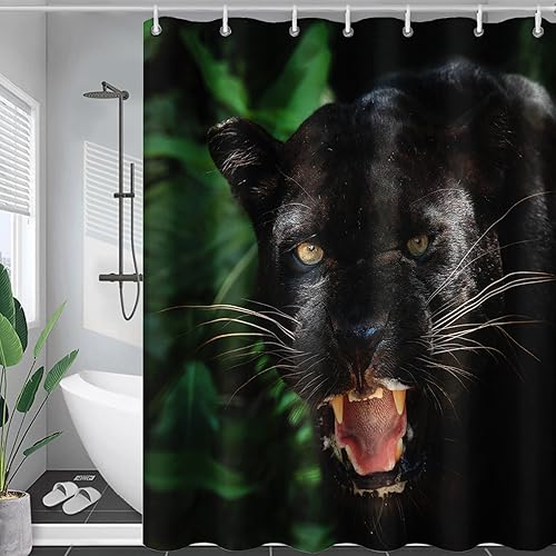 AILONEN Cortina de ducha con estampado de leopardo negro, cortina de ducha de tela impermeable 3D con 12 ganchos de plástico, cortina de baño de