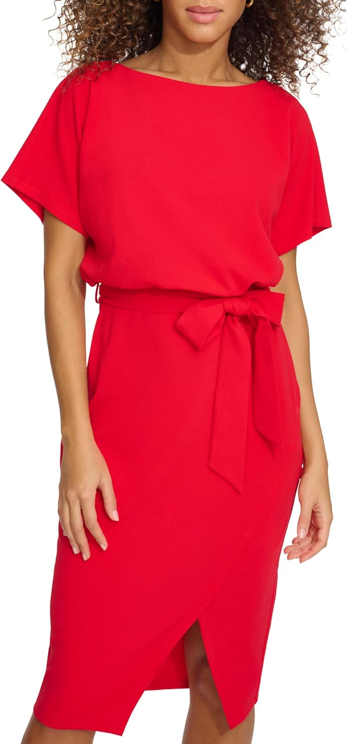 Kensie Womens Short Sleeve Tie Waist Midi Dress