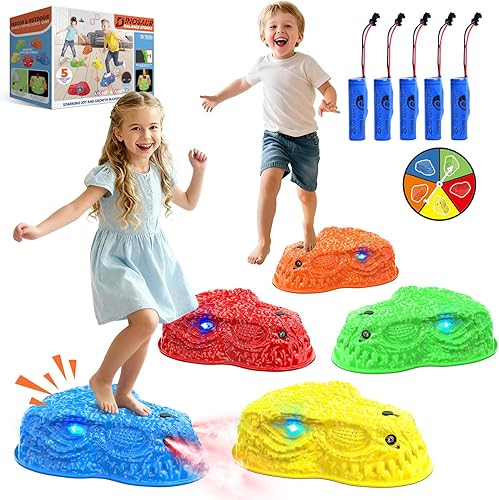 Dinosaur Toys for Kids 3-5, Mist Spraying Dino Roaring & Light up Stepping Stones for Kids, Indoor & Outdoor Durable Non-Slip Sensory Balance Stones with 5 Rechargeable Batteries, Great Toddlers Gift