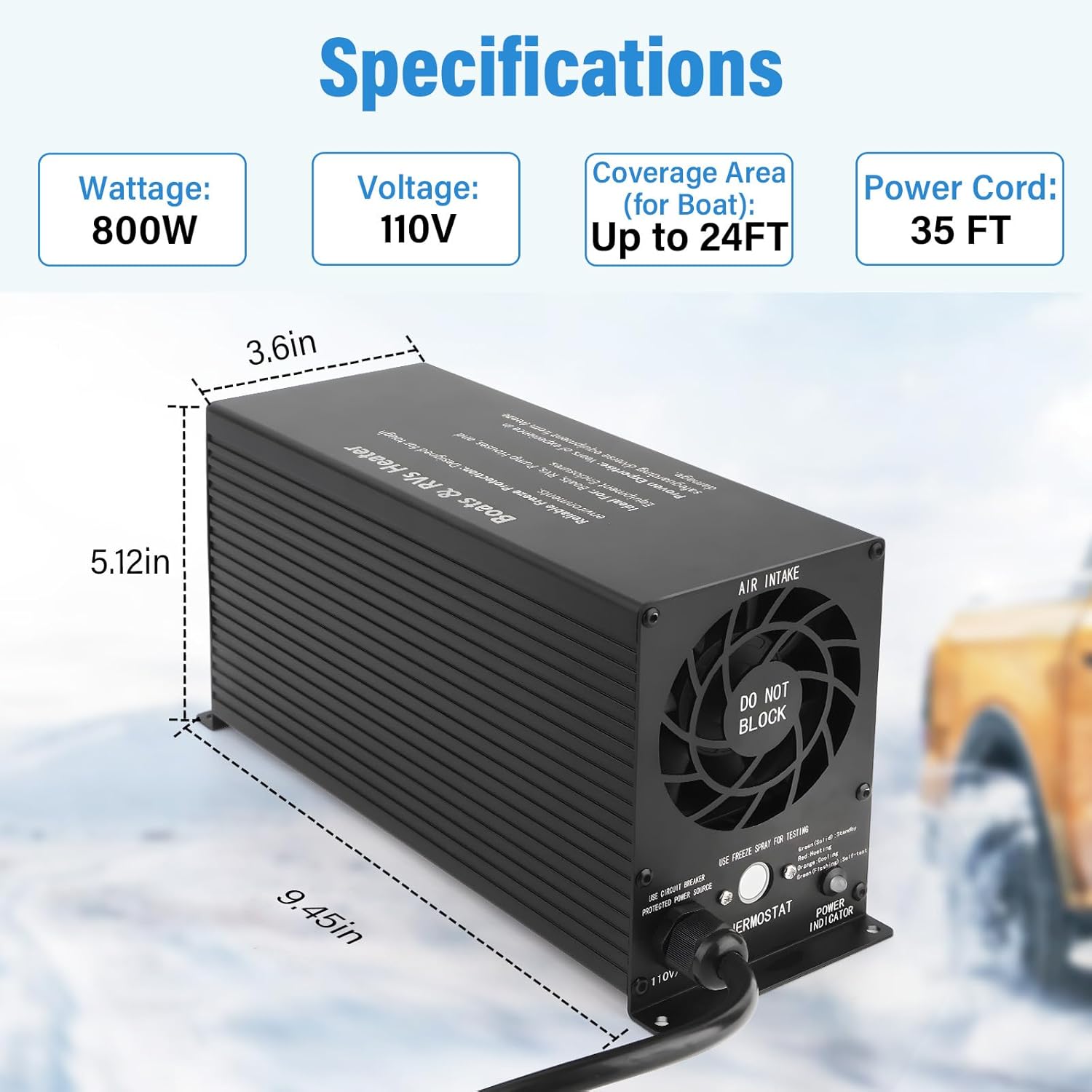 Boat Engine Compartment Heater 800W with Safe Self-Regulated PTC Element and Waterproof Fan for Boats Up To 35', Multi-Use Bilge Heater Provide Freeze Protection in Harsh Winter Conditions