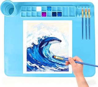YESCOO Silicone Painting Mat, 20"X16" Craft Mat,Large Art Mat with Built in Cup and Paintbrush Holder, Nonslip Clay Mats, Color Dividers Silicone Mats for Painting, Table, Resin and DIY Blue