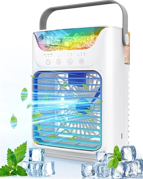 Portable Air Conditioners, Instantly Cooling Air Conditioner Portable with 3 Speeds, 2 Mist Settings, 650 mL, 7 Color Lights, Mini Personal Evaporative Air Cooler for Bedroom, Camping, Car, White