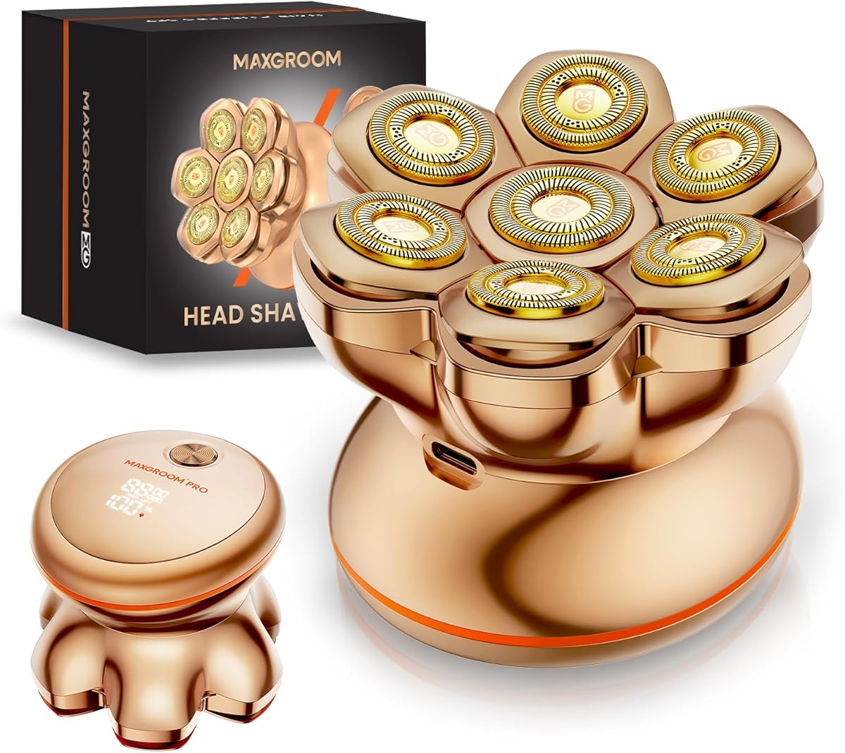 MAXGROOM PRO Head Shavers for Bald Men, Upgraded 7D Magnetic Shaver Blade, Extended Battery Life, 7500-8800Rpm Men's Shaver, IPX6 Waterproof, Ergonomic Design, Type-C Charging (Gold)