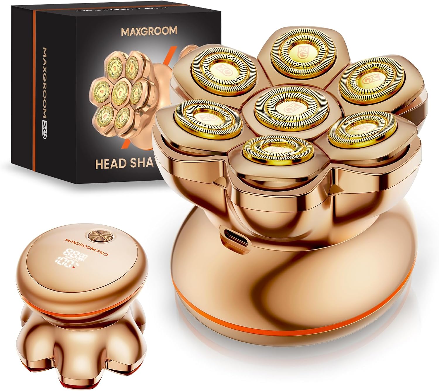 MAXGROOM PRO Head Shavers for Bald Men, Upgraded 7D Magnetic Shaver Blade, Extended Battery Life, 7500-8800Rpm Men's Shaver, IPX6 Waterproof, Ergonomic Design, Type-C Charging (Gold)