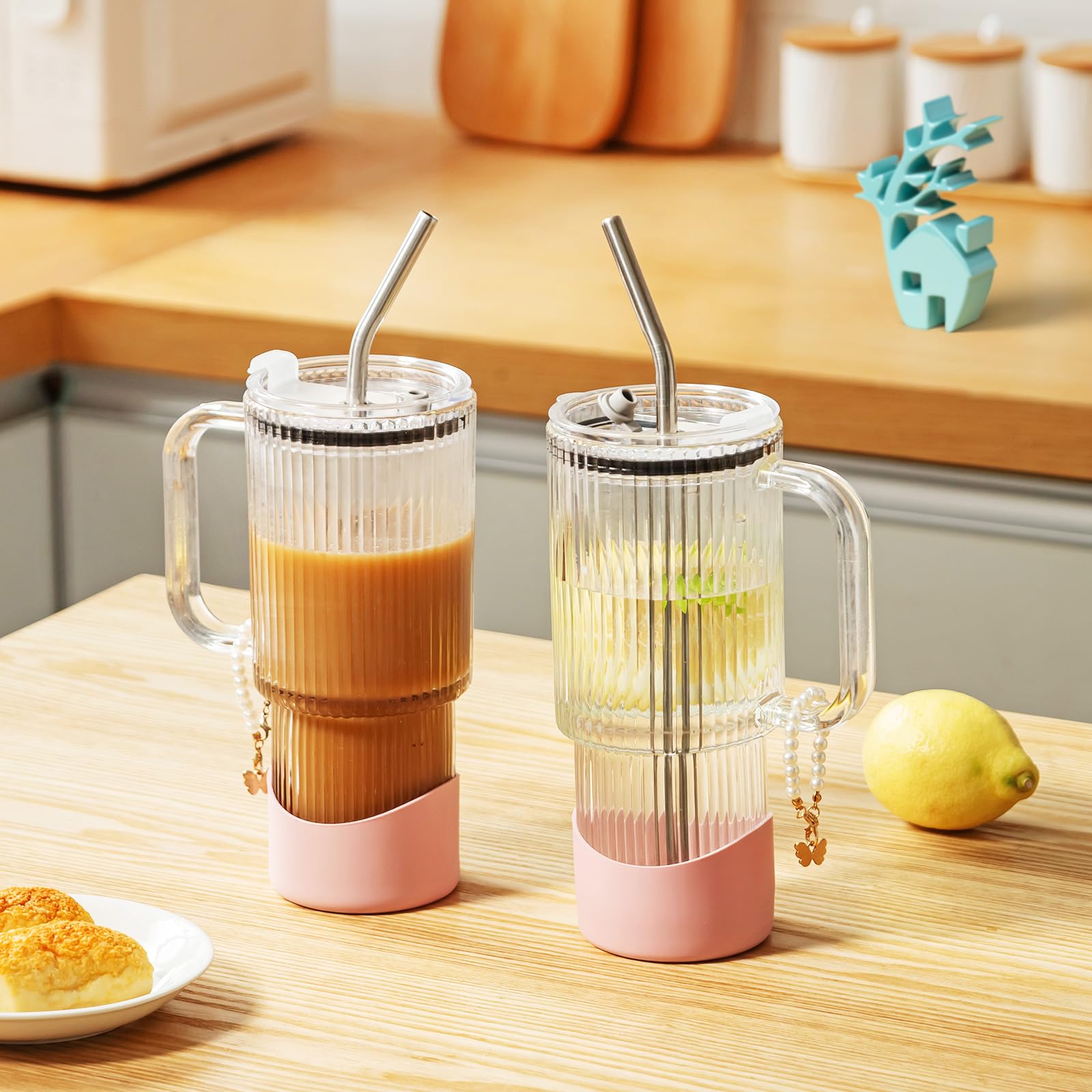 Baffect Iced Coffee Cup with Lid & Stainless Steel Straws (2 Pack, Ribbed)