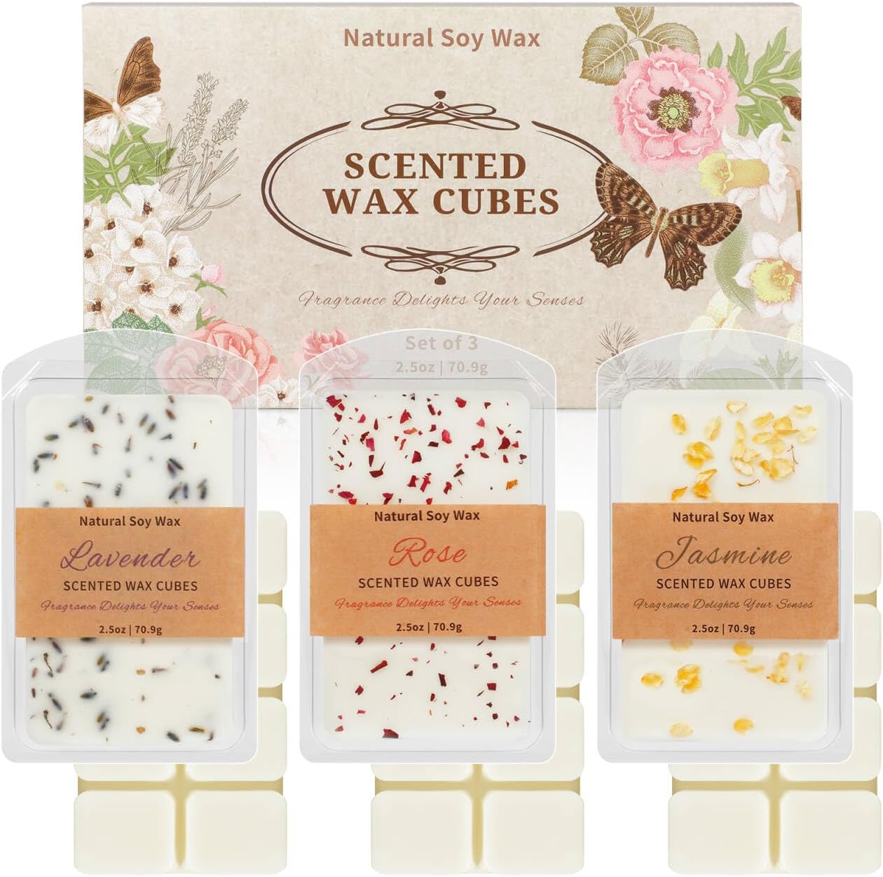 SCENTORINI Wax Melts, Premium Wax with Essential Oil, Natural Dried Flower, Rose, Lavender, Jasmine, Scented Wax Melts, 70.9g x 3, for Women/Men