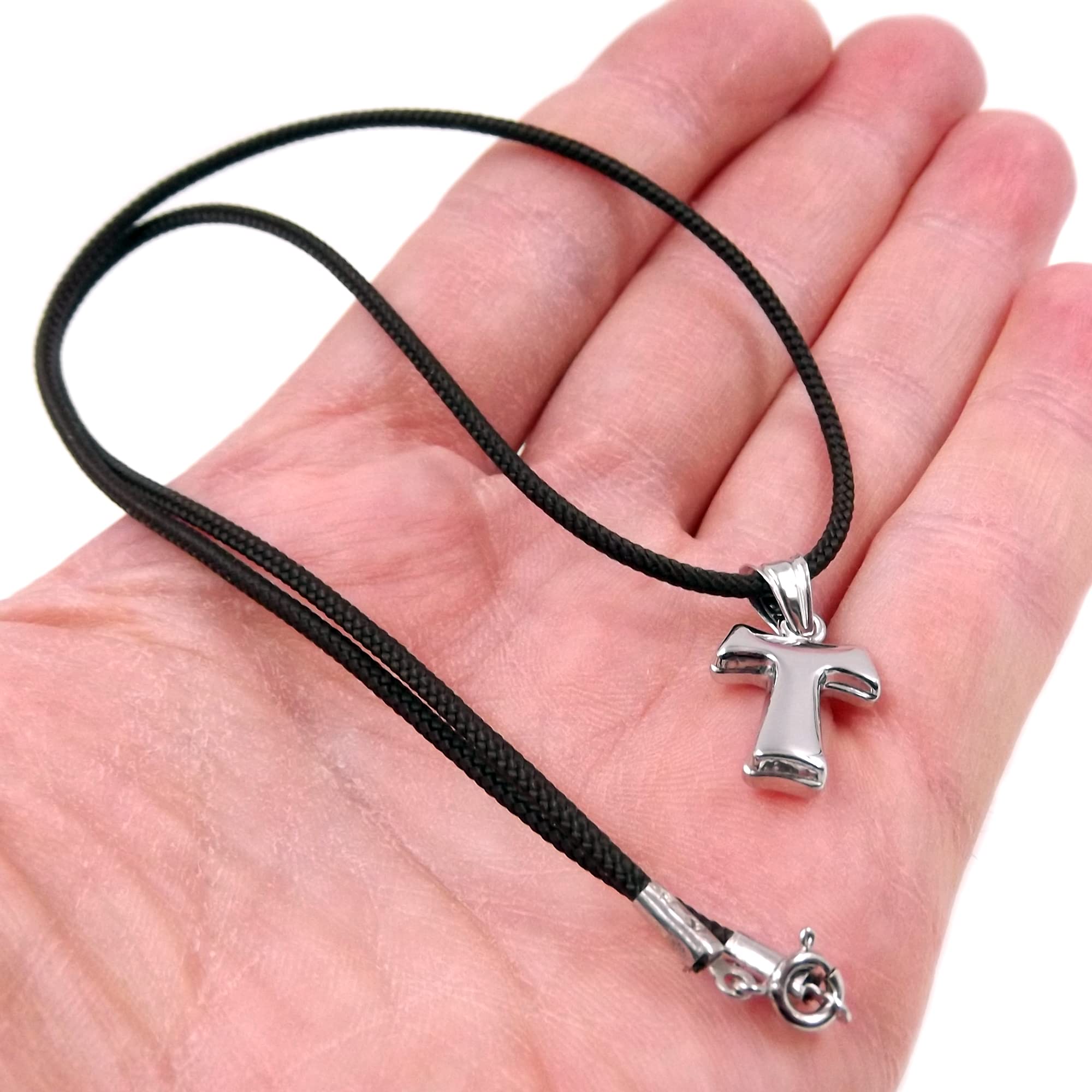 Gioielli Aurum Collana Croce Tau Tao in Argento 925 con Cordino Nero, Ciondolo Religioso Unisex Uomo Donna