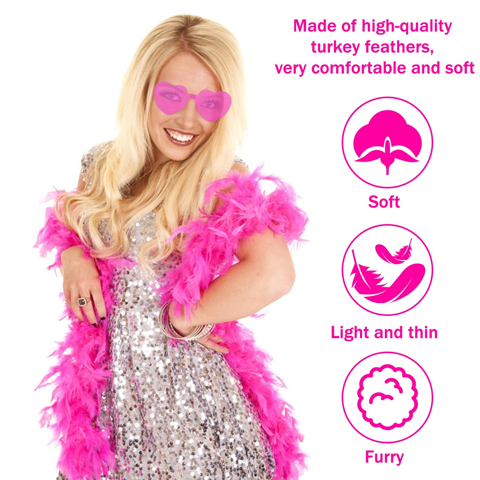 EDLMKM 1 Set Hot Pink Feather Boa 2M and Heart Rimless Sunglasses, Turkey Boa Feathers for Halloween Christmas, Carnival - Image 4