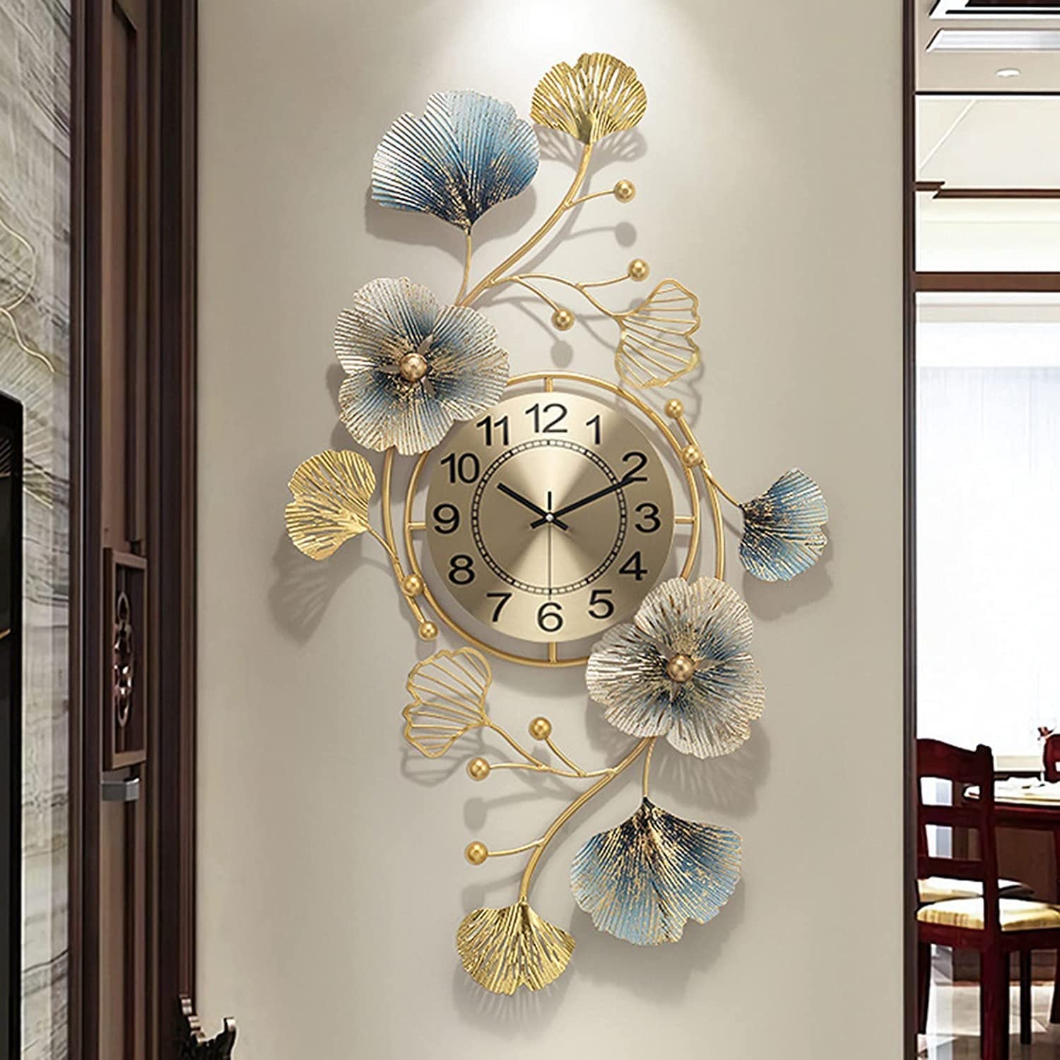 SaryEdge Wall Clock Modern Art Wall Clock Large Metal Ginkgo Leaves Wall Clock, Silent Non Ticking Operated Decor Clock with Arabic Numerals, for Living Room Bedroom Wall-A-,B-83x4,B-83x48cm