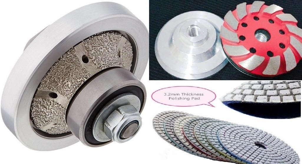 3/16" Half Bull Nose Router Bit Profile grinding wheel 4" aluminum based grinding cup 18 polishing pad natural stone engineered stone granite marble concrete countertop shaping refinishing repair