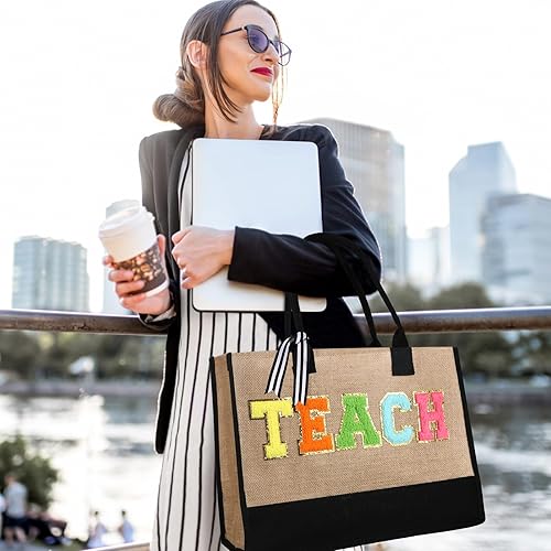 Miniatura 5 de Silkfly Bolsa de lona de regalo de agradecimiento para profesores, bolsa de lona para profesores, bolsa de parches de letras de chenilla para