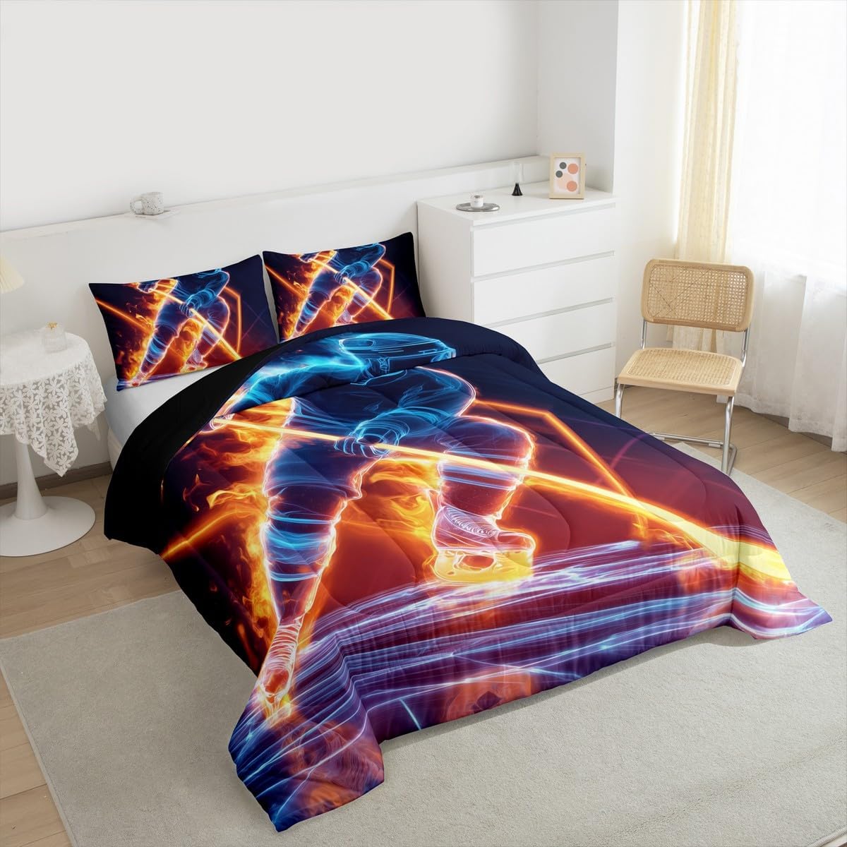 Erosebridal Hockey Comforter Set 3Pcs for Kids Boys Teens - Ice Sports Down Comforter Queen Size With Burning Puck Ball Decor - Bedding Set With Player Winter Sport Game Duvet