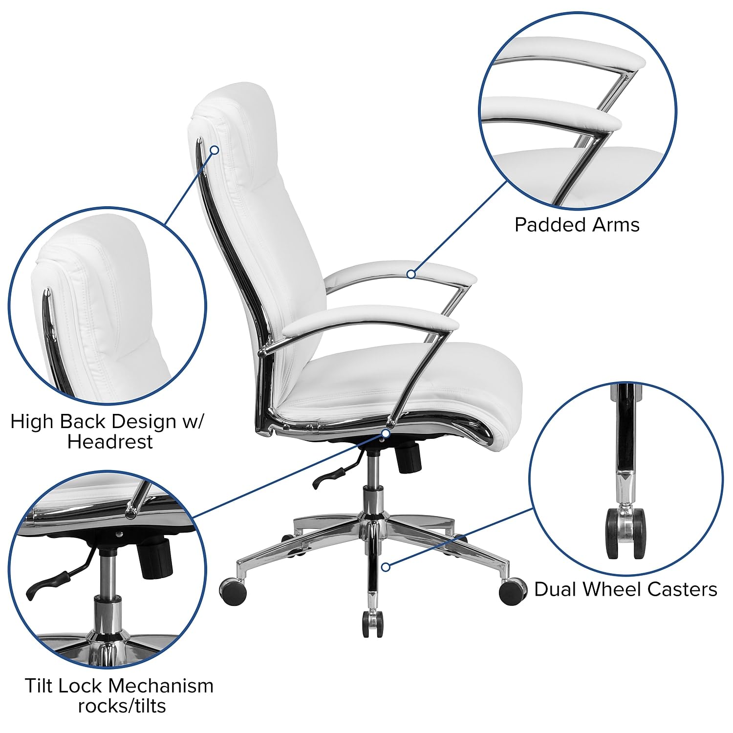 Rebecca - Silla de oficina giratoria ejecutiva tapizada con respaldo alto y respaldo alto, color blanco LeatherSoft con base cromada y brazos 6