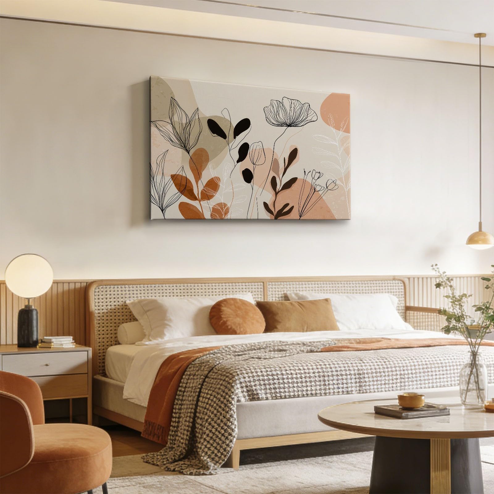 Generisch Bohème Botanisch Floral Modernes Leinwandbild 140L x 70B cm mit Rahmen, Minimalistisch XXL Wanddeko für Wohnzimmer Geschenk Idee Einzug - Hochwertiger Kunstdruck auf Holzrahmen
