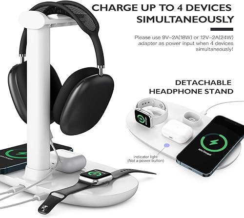 Miniatura 3 de Soporte para auriculares con cargador inalámbrico de 15 W, estación de carga Suguder 4 en 1, soporte para auriculares para AirPods MaxPro432 iWatch