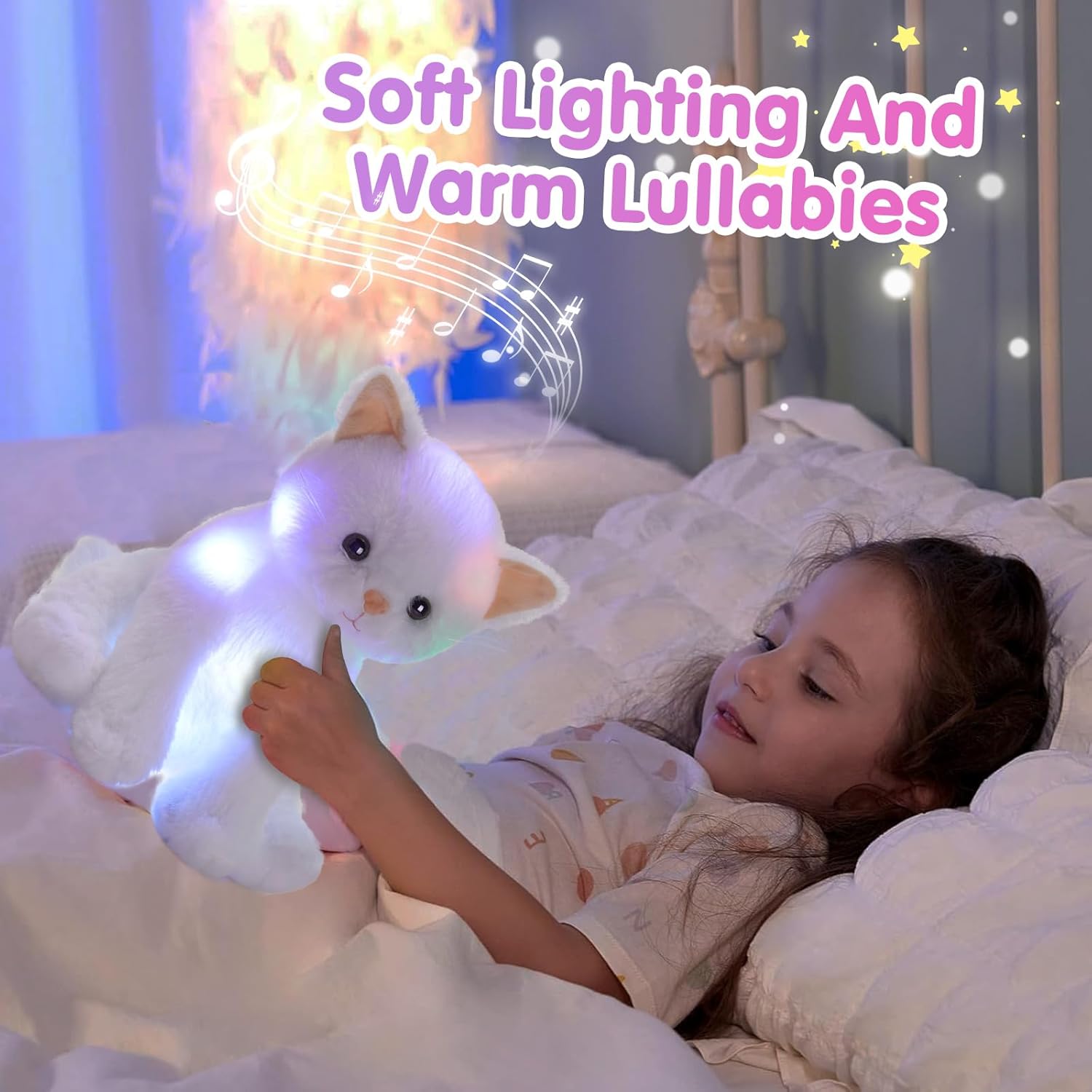 Houwsbaby 12'' White Musical Light Up Cat Stuffed Animal Kitty Plush Toy Singing LED Glowing Cat Plush Toy Christmas Festival Birthday Presents for Kids Girls Boys - Image 7
