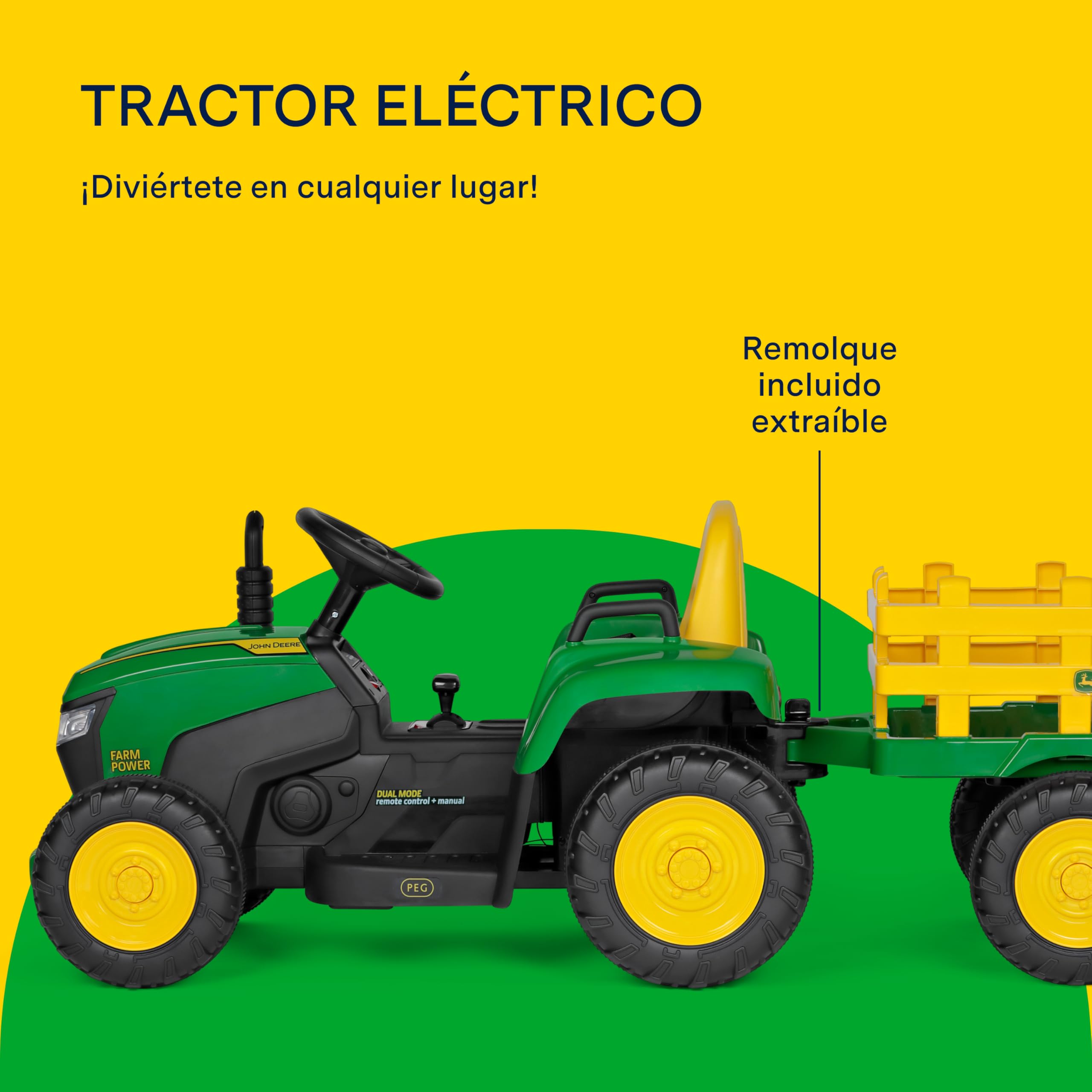 Peg John Deere Farm Power Tractor Eléctrico 12V para Niños con Mando a Distancia, Conducción Manual, Luces y Sonidos, Edad 18+ Meses