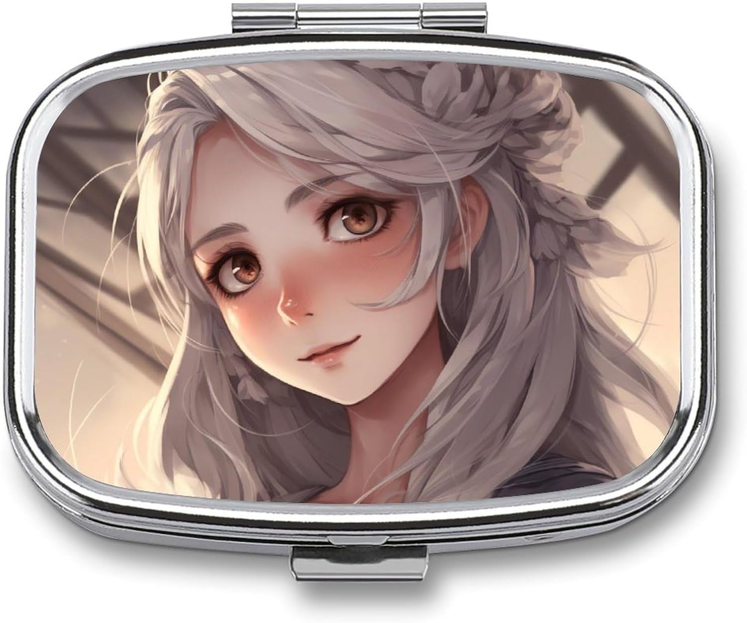 White Hair Anime Girl Pill Box 2 Compartment Small Pill Case for Purse Or Pocket Mini Metal Pillcase Medicine Organizer, Square Daily Medicine Container to Hold Vitamins, Fish Oil