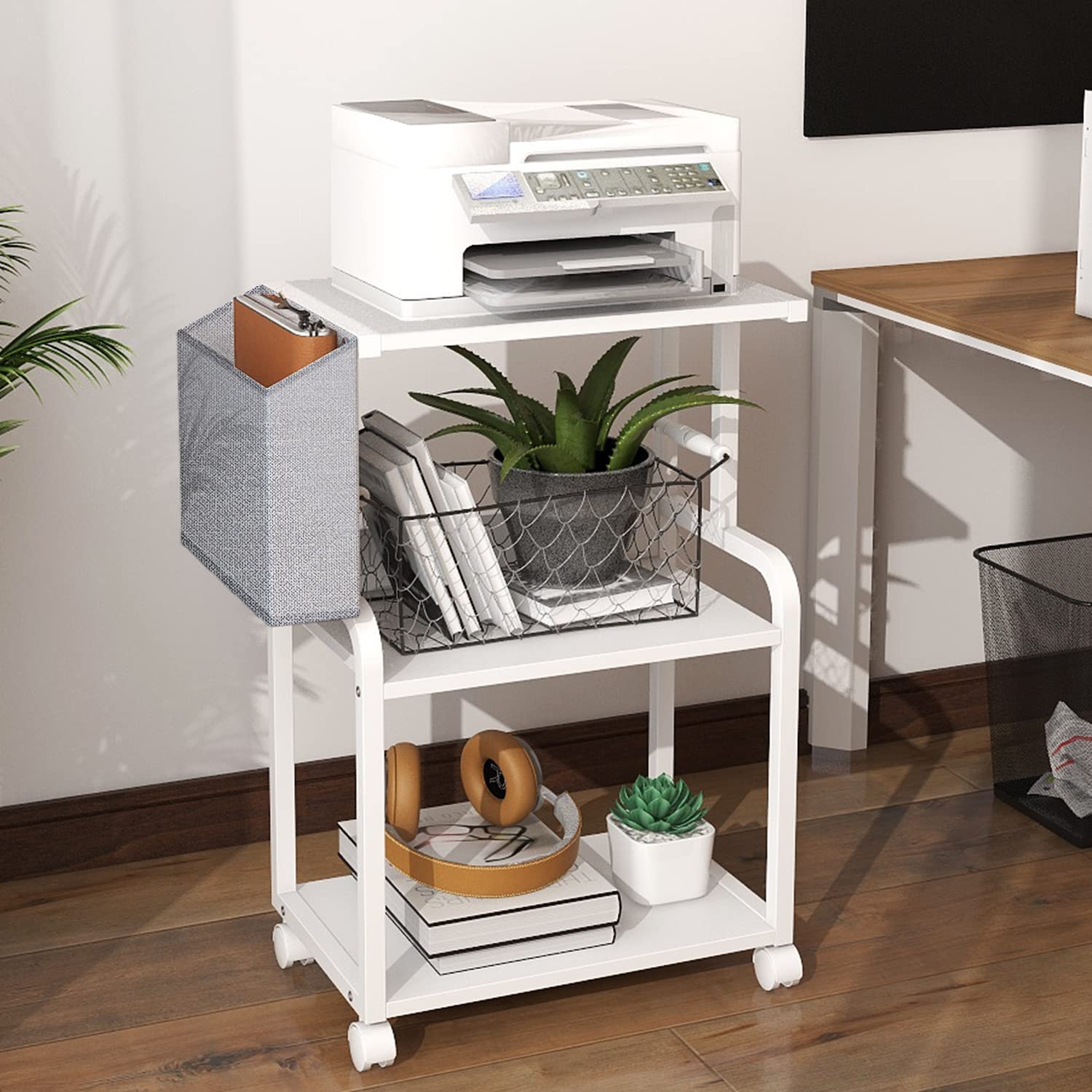 VEDECASA Printer Stand 3 Tier with Rolling Wheels Modern Industrial Wooden Printer Table Shelf with Storage Bag Basket for Home Office Bedroom Beside Kitchen Organization (White)