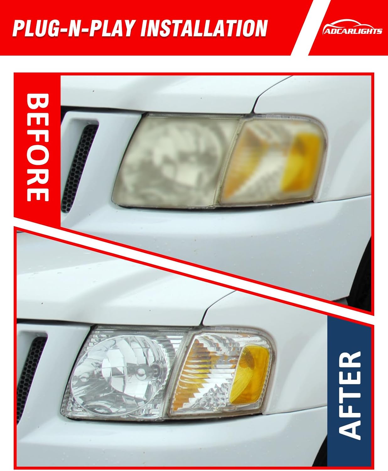 Headlight fit 2001 2002-2005 Ford Explorer Sport Trac Headlamp Compatible with 01 02 03 Ford Explorer Sport Chrome Housing Amber Reflector Replacement Left and Right Sides（W/O Bulbs）