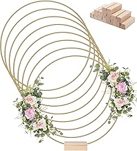 8 Stück 25cm Metallringe zum Basteln, Gold mit Holzständer mit Fuß, Gold Metallringe mit 8 Stück Holzständern Drahtringe Deko Ringe für Hochzeitskranz, Weihnachtsdekoration, Traumfänger DIY, Tischdeko