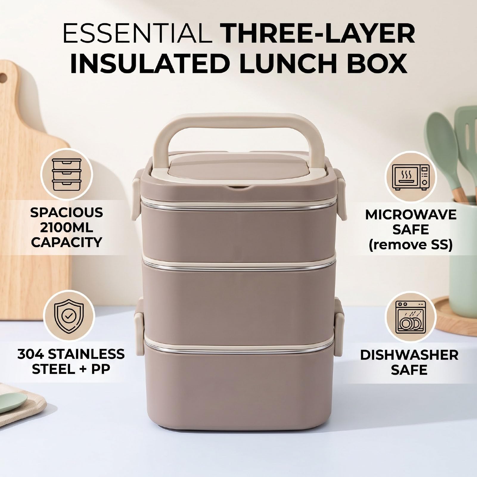Naroote Microwave Safe Lunch Box, 2100ml Acero Inoxidable