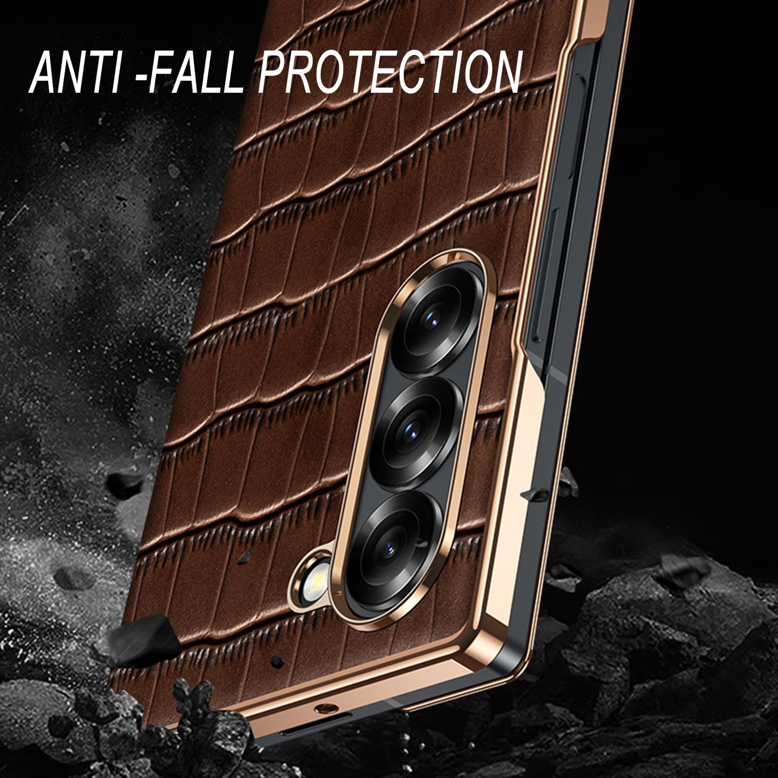 Ribalta Custodia per Samsung Galaxy Z Fold 8 Ultra, Placcata Modello Coccodrillo | Pelle Vera Leggero Lusso Cover Affari Sottile Bordo Oro Fotocamera Protezione Guscio,Nero,Fold 8 Ultra