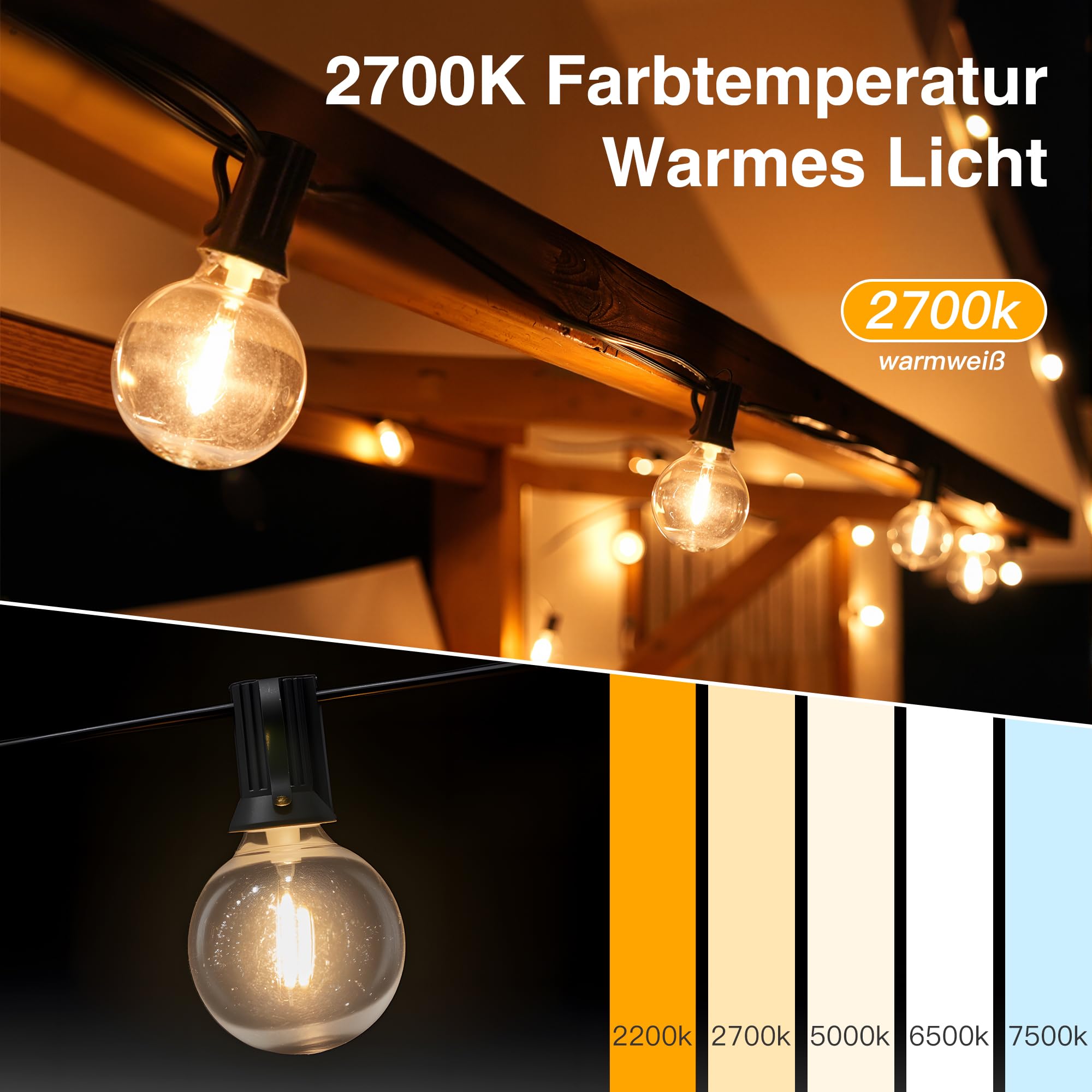 Ollny Guirlande Lumineuse Exterieure, 5M 13+1 G40 LED Ampoules, Guirlande Guinguette LED Connectable, Étanche Chaîne Lumiere Exterieur pour Patio Terrasse Fête Mariage 2700K Blanc Chaud