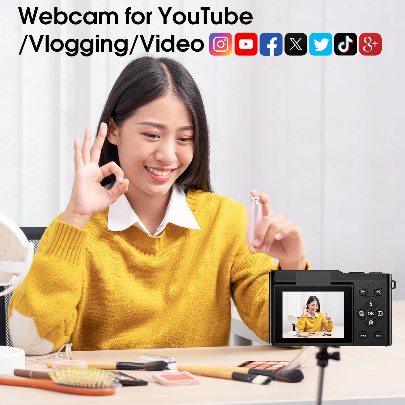 Digitalkamera, 4K 64 MP Kompakt-Digitalkamera mit Autofokus und Makrofunktion, 180°-Klappbildschirm, tragbare Selfie-Kamera für Fotos und Videos mit 32 GB SD-Karte für Anfänger und Jugendliche