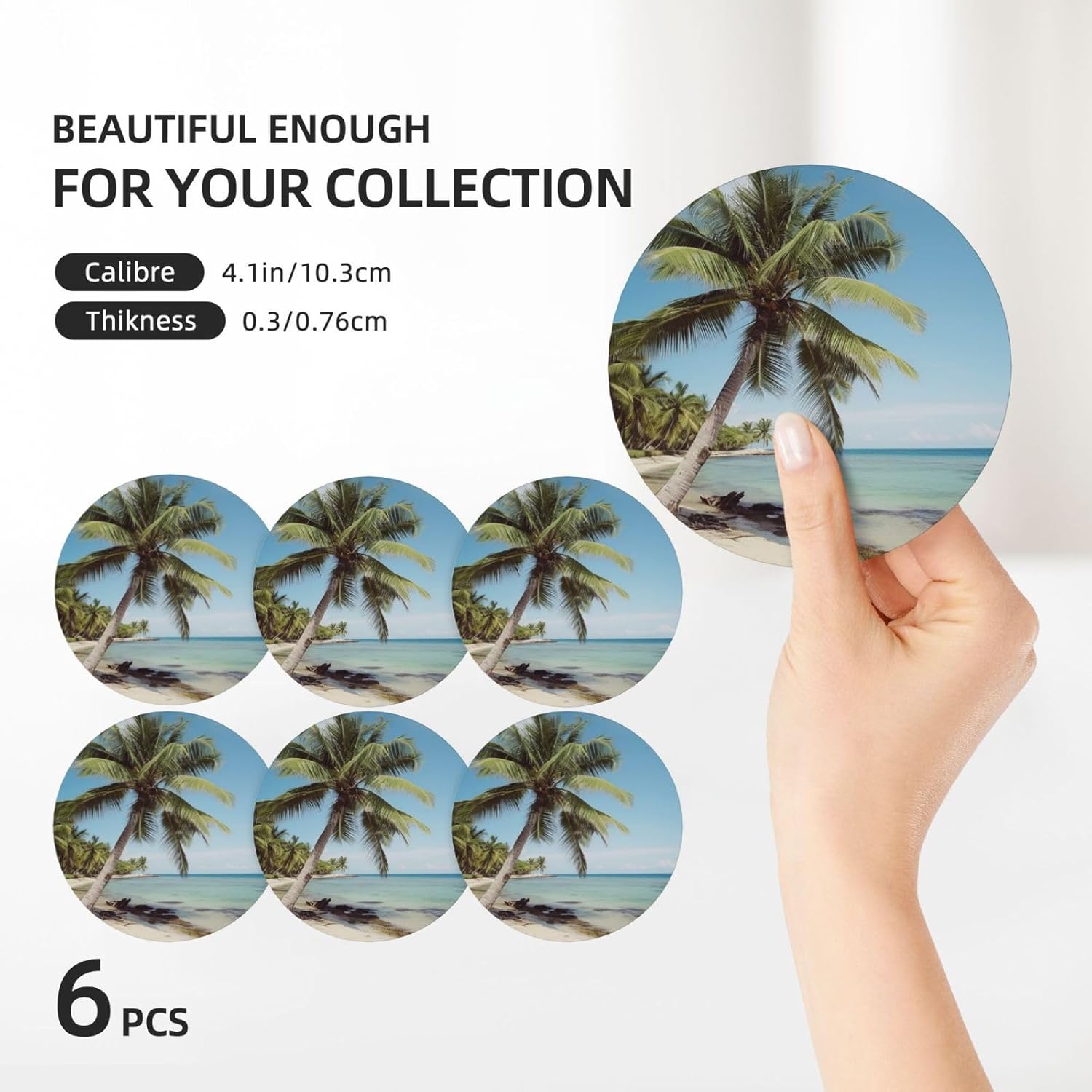 ドリンクコースター6枚セット セラミックコースター ホルダー付き ビーチヤシの木 ラウンドコースター ドリンク用 卓上保護 カップマ