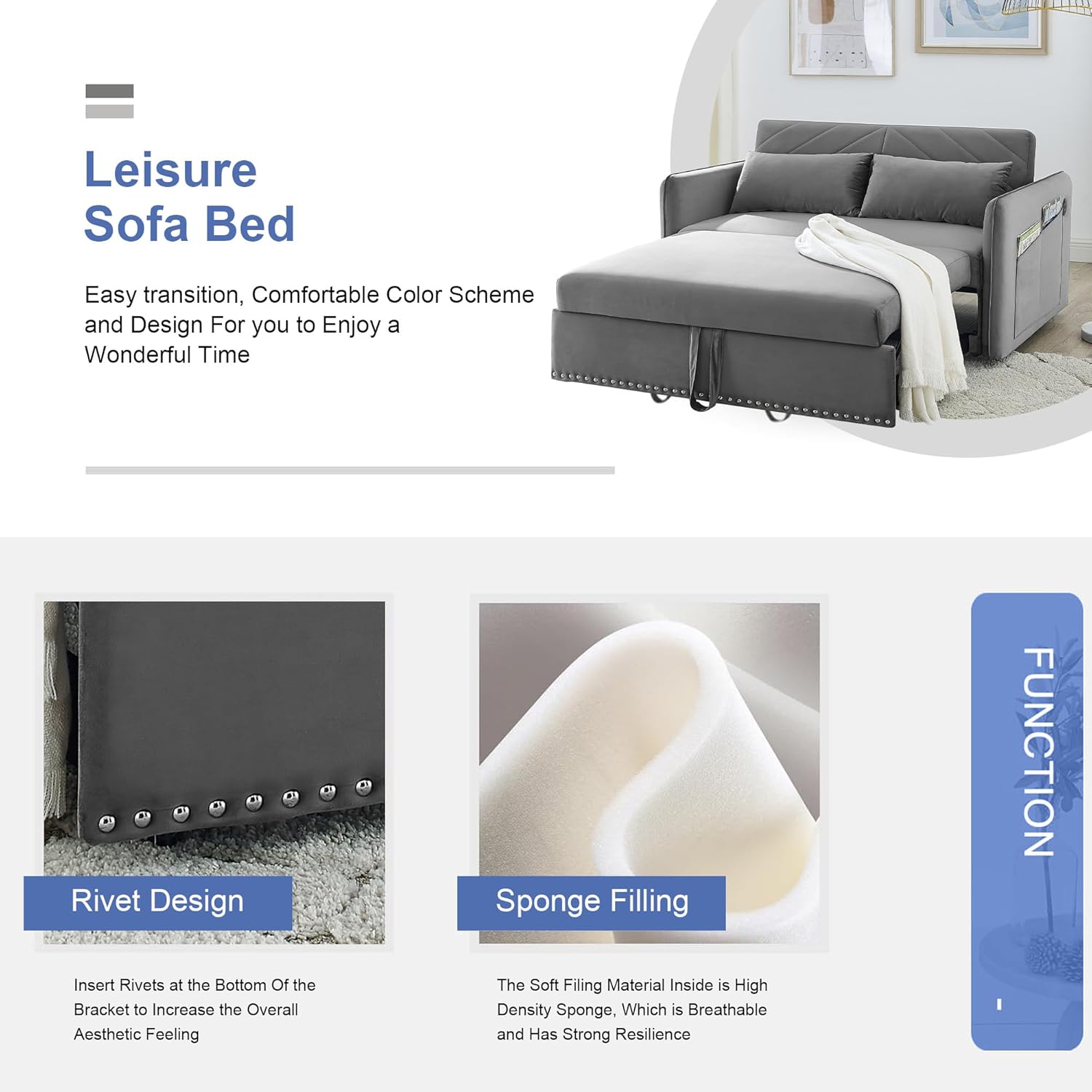 New model 3-in-1 Sleeper USB Port Adjustable Velvet Convertible Sofa with Pull Out Bed, 2 Pillows & Side Pocket – Ideal for Living Room and Bedroom, Grey