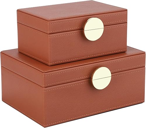 HofferRuffer Faux Leather Jewelry Boxes, Decorative Boxes Storage Accessory Organizer with Gold Hardware Decor, Classic Vegan Leather Set of 2