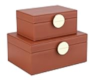 HofferRuffer Faux Leather Jewelry Boxes, Decorative Boxes Storage Accessory Organizer with Gold Hardware Decor, Classic Vegan Leather Set of 2 Pieces (Brown)